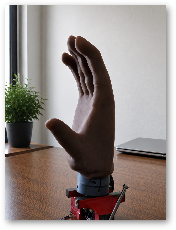 Prosthetic hand with lifelike custom skin mounted on a test rig